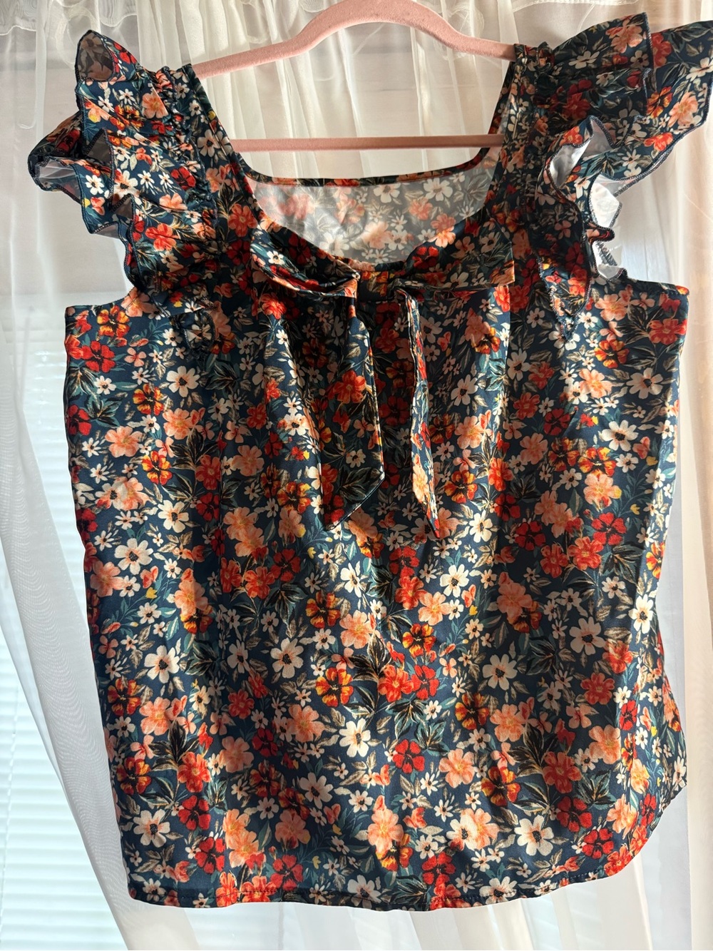 Floral Ruffled Tie-Neck Sleeveless Top - Navy with Coral & Cream Flowers